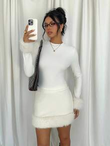 SHEIN EZwear Women's Autumn/Winter New White Plush Knitted Faux Fur Patchwork Fitted Long Sleeve Top & Skirt Elegant 2 Pieces Set - White - View 6