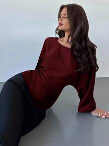 Firerie 女士新款优雅浪漫休闲都市通勤百搭圆领蝙蝠袖长袖衬衫，适合教师穿着，秋季红色上衣 - 酒紅色 - 查看 7