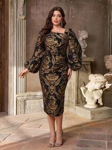 Aureia Plus Size Autumn And Winter Elegant And Gorgeous Black And Gold Yarn-Dyed Jacquard Satin Asymmetrical Collar Bubble Lantern Sleeves Pleated Slim Fishtail Hem Suitable For Dinner Bachelorette Party Date Dance Holiday Wedding Event Birthday Cocktail Dress