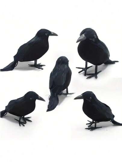 5pcs Halloween Black Crow Set, Vintage Style With Realistic Artificial Feathers - Halloween Party Decoration Props, Lifelike Plastic Crows, Suitable For Seasonal Indoor Decor, No Electricity Required
