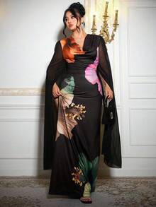 Roveilla Plus Size Floral Plunging Neck Bodycon Elegant Dress, Suitable For Party, Autumn/Winter - Black - View 4