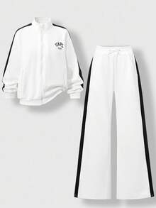 SHEIN 2pcs Girls Casual Sports Set: Light Gray Stand Collar Long Sleeve Jacket With Black Splice, Front Zipper Design For Easy Wear, Side Fake Pockets Decor; Paired With Loose Fit Casual Sports Pants. Soft Fabric, Warm, Suitable For Autumn, Winter, Spring Wear, Suitable For Outings, School, Daily Casual Wear,ChicAutumn,Halloween, Christmas