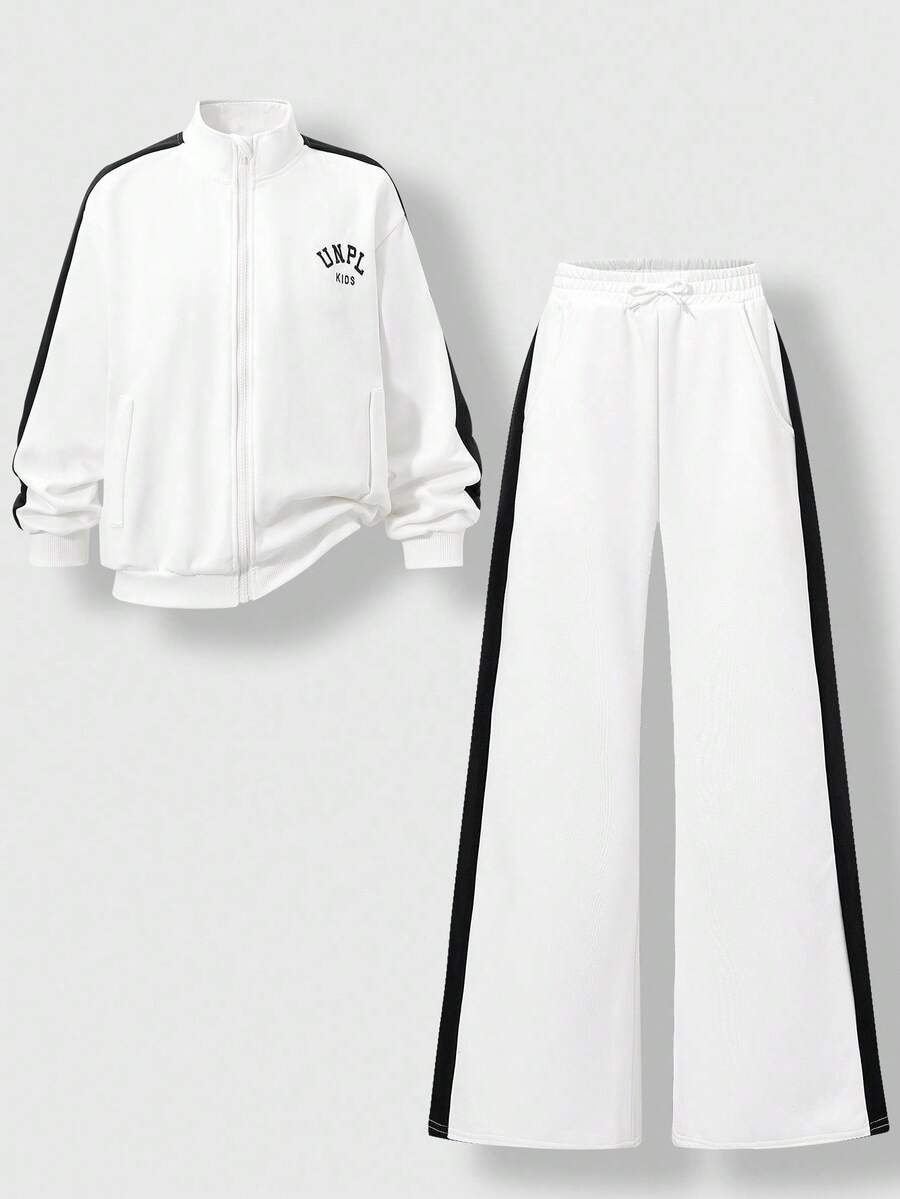 SHEIN 2pcs Girls Casual Sports Set: Light Gray Stand Collar Long Sleeve Jacket With Black Splice, Front Zipper Design For Easy Wear, Side Fake Pockets Decor; Paired With Loose Fit Casual Sports Pants. Soft Fabric, Warm, Suitable For Autumn, Winter, Spring Wear, Suitable For Outings, School, Daily Casual Wear,ChicAutumn,Halloween, Christmas