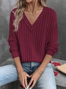 SHEIN LUNE Women's Casual Solid Color Dropped Shoulder Loose T-Shirt - Burgundy - View 4