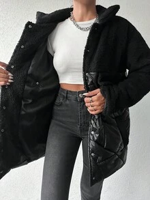 EURMUSE Flap Detail Teddy Panel Drop Shoulder Puffer Coat - Black - View 5