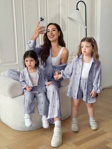 SHEIN Babygirl Cute Vacation Casual Versatile Blue & White Striped Bowknot Long Sleeve Shirt & Elastic Waist Pants Set Fall Winter