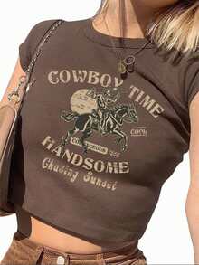 SHEIN EZwear Casual Retro Knight Style Round Neck Short Sleeve Cropped T-Shirt, Fitted For Women, Suitable For Summer Music Festivals - Coffee Brown - View 1