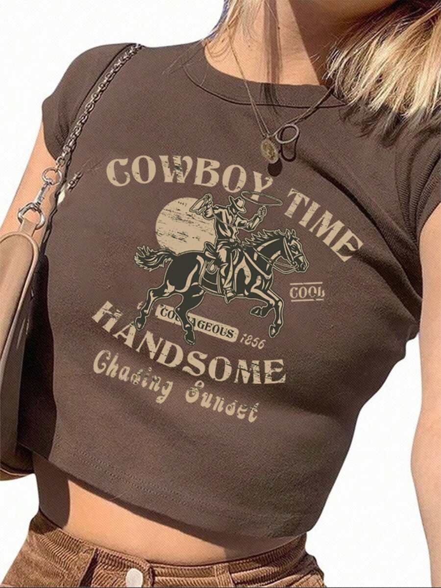 SHEIN EZwear Casual Retro Knight Style Round Neck Short Sleeve Cropped T-Shirt, Fitted For Women, Suitable For Summer Music Festivals - Coffee Brown - View 1