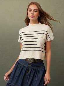 WESTFADE 女式立领短袖罗纹针织胸袋条纹毛衣上衣西部风 - 彩色 - 查看 3