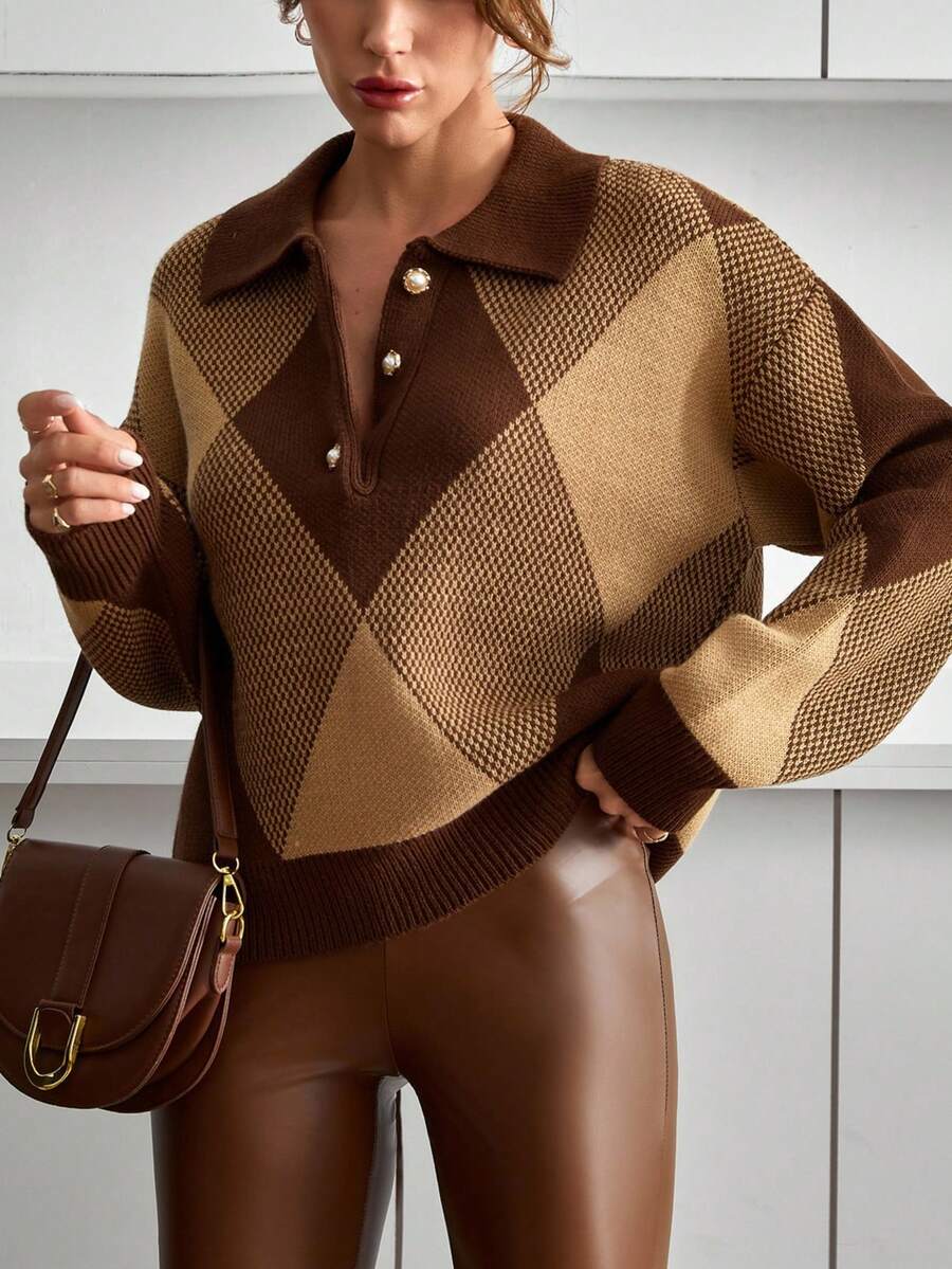Casual Polo Neck Checkerd Diamond Pattern Color Block Balloon Sleeve Cozy Relaxed Oversize Fit Pearl Button Sweater Brown Sweater Brown Blouses Diamond Pattern Sweater Collared Sweater Womens Brown Tops Brown Sweater Women Brown Argyle Sweater Womens Brown Collared Sweater Brown Polo Sweater,Jumper,Cream Jumper,Jumpers,Christmas Jumper,White Jumper,Black Jumper,Ladies Jumper,Women's Jumpers