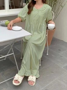 DAZY Spitzenkragen Ballonärmel Rüschensaum Hauskleid für Damen, Sommer, Moo Moo Loungekleid Pyjama