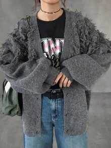 FRIFUL Women's V-Neck Jacquard Tassel Loose Casual Cardigan - Camel - View 3