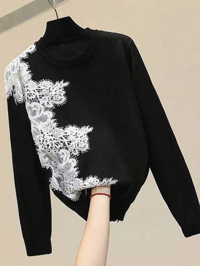 GlowEve Classic Solid Color Crew Neck Sweater With White Lace Trim, Simple & Elegant Details, Regular Thickness, Suitable For Casual, Outdoor, Party Wear In Autumn/Winter
