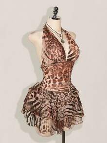 SHEIN ICON Vestido de malla con cuello halter, cintura fruncida y estampado de leopardo en talla grande - Multicolor - Ver 4