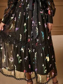 Lilora Elegantes und schickes, urbanes, lässiges Kleid mit transparentem Kragen, Spitze, Patchwork, Knopfleiste, Blumenmuster und Laternenärmeln für Damen, Herbst/Winter, Cut-Out - Schwarz - Übersicht 2