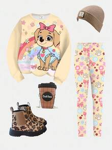 SHEIN 复古可爱小狗印花，彩虹蝴蝶结花卉秋季氛围运动服，年轻女孩休闲圆领长袖运动衫和紧身裤两件套，适合秋冬季 - 彩色 - 查看 2