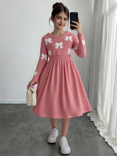 SHEIN Vestido de suéter de punto con cuello redondo, manga larga, lazo decorativo, estilo minimalista y cómodo para niña preadolescente en otoño/invierno