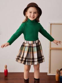 PrepCrw Young Girls' School Style Collared Long Sleeve T-Shirt And Plaid Skirt Set - Multicolor - View 5