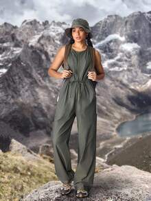 SHEIN EZwear 女式休闲户外简约纯色拉链前抽绳腰部无袖牛仔连体裤 - 綠色 - 查看 6
