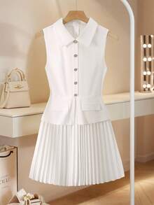 Franclia 2-In-1 Shirt Dress With Pleated Design And Front Opening - Beige - View 1