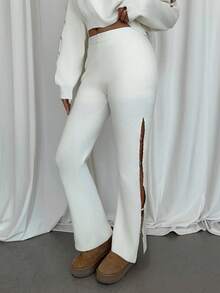 SHEIN EZwear Pantalones largos de punto con diseño calado y hebilla metálica para mujer en otoño/invierno - Blanco - Ver 4
