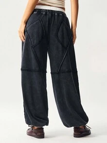 Bohemela Quần nỉ dệt kim rộng rãi màu trơn có dây rút cho nữ - màu đen - Xem 4