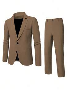 Calvornis 男士休闲商务两件套西装，纯色西装套装夹克和裤子，简约时尚休闲日常穿着婚礼西装舞会西装男士，适合情人节周年纪念日等场合，是送给男朋友或丈夫的绝佳礼物。 - 棕色 - 查看 6