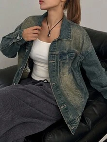 DAZY Women's Loose Distressed Washed Denim Jacket,Back To School Clothes