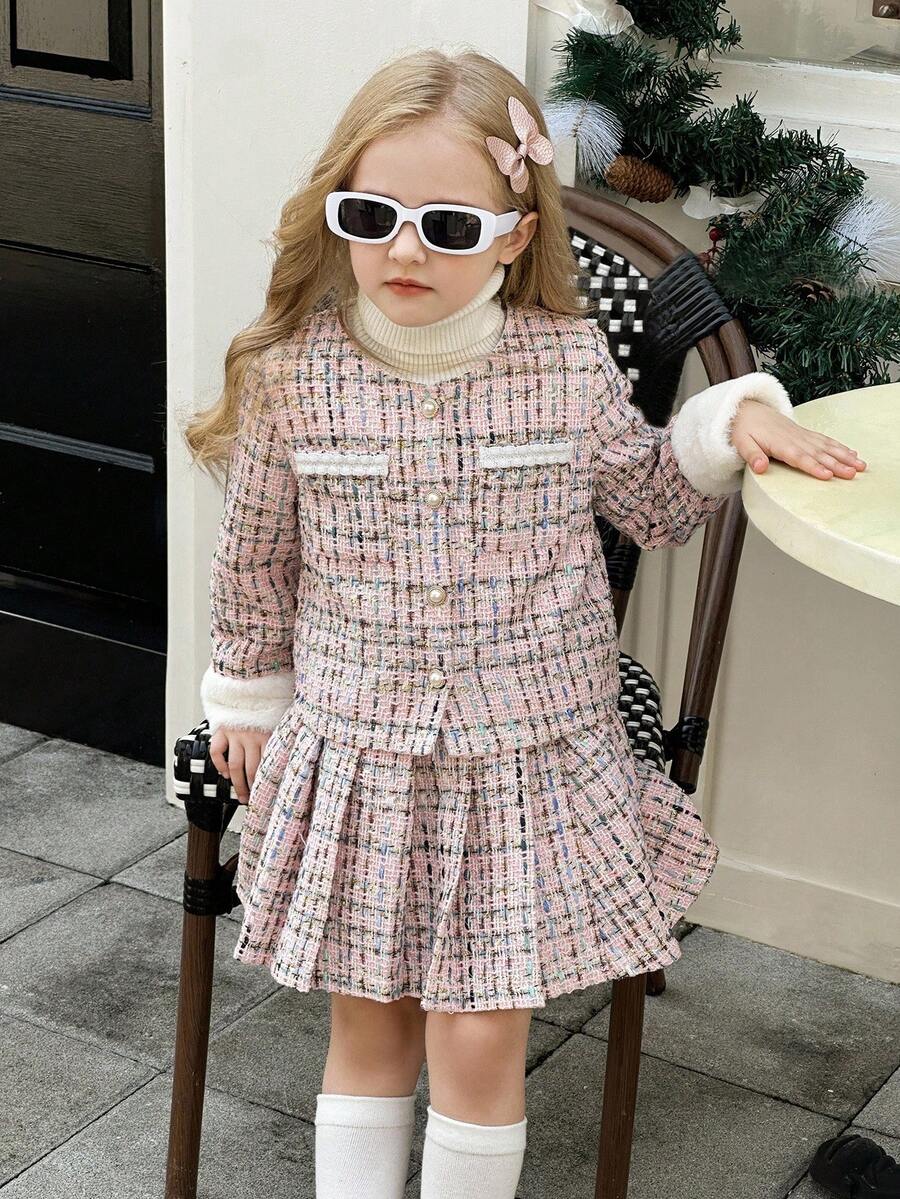 SHEIN Elladie kids 年轻女孩可爱蓬松白色袖口粉色闪光胸袋夹克搭配百褶运动裙套装 - 粉色 - 查看 1