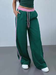 Aloruh Pantalones rectos de cintura baja con cordón, estampado de color contrastante a rayas, estilo deportivo para mujer