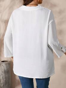 SHEIN Top de Manga Longa Minimalista de Cor Sólida Plus Size, Uso Casual - Branco - Visão 2