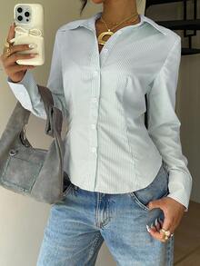SHEIN EZwear 女士秋季新款粉色条纹系腰修身长袖衬衫 - 綠色 - 查看 2