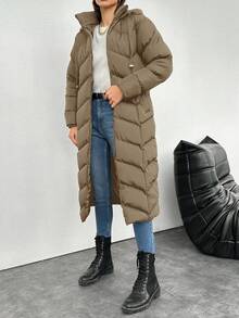 EURMUSE Women's Solid Color Hooded Drawstring Long Cotton Padded Coat, Winter - Camel - View 6