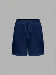 EMERY ROSE 纯色前系带口袋简约短裤，休闲日常穿着 - 藍色 - 查看 3