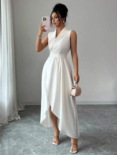 Lyxana Vestido elegante y minimalista sin mangas con escote en V, cuello, cintura y dobladillo con abertura para mujeres