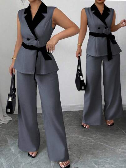 Elenzga Plus Size Woven Fabric Elegant Commuter Elegant Versatile Linen Feeling Sleeveless Lapel Tie-Up Contrast Color Waist Slimming Double-Breasted Women Thin Blazer Jacket (Kooky Elegance Collection - Woe Is Me Vibes - Wednesday Aesthetic)