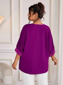 Cravure Plus Size Purple Autumn Elegant Formal Round Neck 3/4 Raglan Sleeve Metallic Fabric Patchwork Contrast Color Woven Cuff Casual Commute Party Shirt - Red Violet - View 2