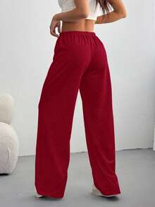 SHEIN EZwear Quần nỉ nữ cỡ lớn màu đỏ, cạp thấp, dây rút, ống đứng, dáng rộng, thoải mái, thích hợp cho lễ tốt nghiệp, tựu trường, lễ tốt nghiệp, giáo viên nữ. - Đỏ - Xem 2