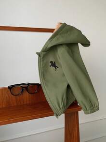 SHEIN 男女通用婴儿休闲可爱百搭卡其色羊毛加厚连帽夹克，男婴/女婴秋冬装 - 軍綠色 - 查看 6