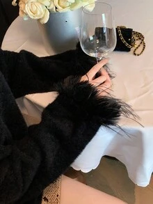 DAZY New Elegant Fluffy Patchwork Off Shoulder Women Sweater, Autumn/Winter - Black - View 4