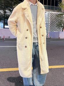 Manfinity Hypemode Men's Casual Versatile Solid Color Double-Breasted Overcoat, Autumn/Winter Cream Men Long Coat - Beige - View 3