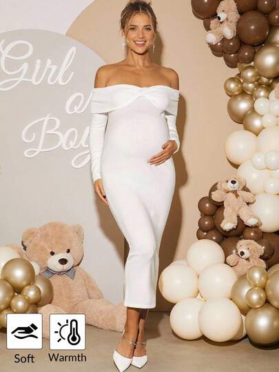 Loomaby Elegant Solid Color Off Shoulder Fitted Maternity Knit Dress,Gender Reveal Dress,Maternity Dress,Baby Shower Dresswhite Long Sleeve Maternity Dress
