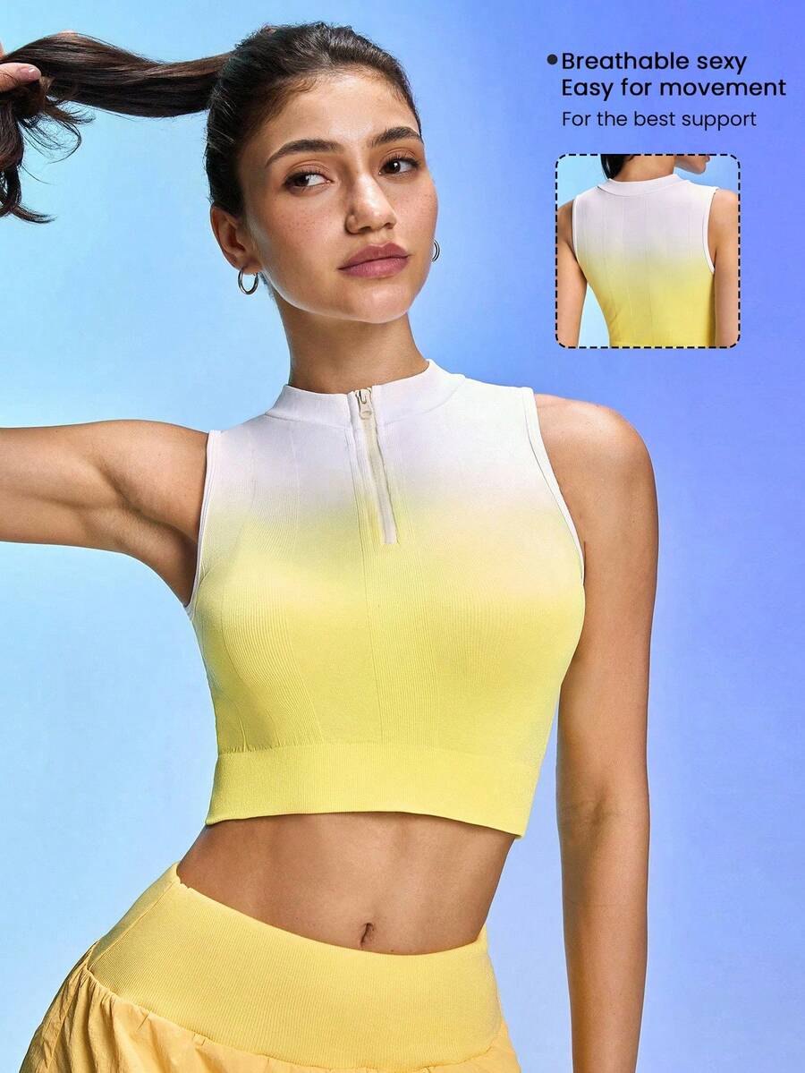 Easithlete Women's Ombre Zipper Front Cropped Sports Tank Top - Yellow - View 1
