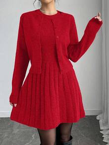 Elenzga Bộ 2 chiếc váy len cardigan màu trơn thanh lịch khi đi làm - Đỏ - Xem 5