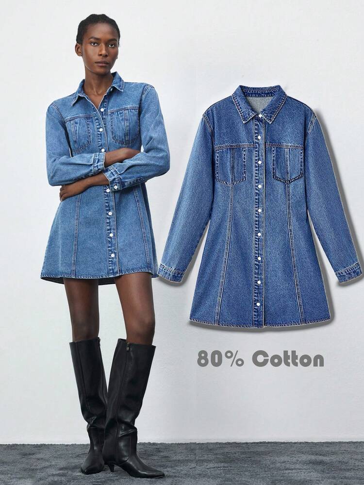 SHEIN Maija Women's Blue Denim Dress Shirt-Style Long-Sleeved Dress Preppy Style Casual Autumn Outfit