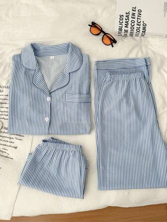 Dream Adore 3 件女士经典蓝白条纹荷叶边领长袖睡衣套装、长裤和短裤夏季睡衣套装条纹睡衣套装浅蓝色睡衣套装蓝色条纹睡衣套装女士条纹睡衣舒适优雅细节，秋季服装