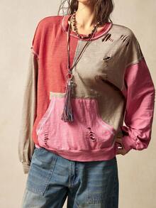 Bohemela Women's Grey And Pink Loose Washed Sweatshirt,Grunge Vintage Knit Patchwork Holes Detail Outerwear,Boho Western Country Style,Autumn Everyday Casual - Multicolor - View 7