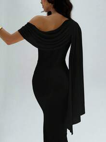 Aloruh 女士优雅派对纯色不对称领口连衣裙