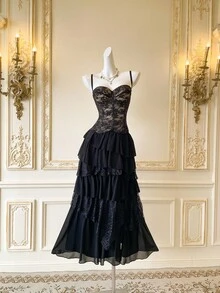SHEIN MOD Lace Sexy Bustier Top With Fishbone Stitching And Spaghetti Straps, Fashion Outerwear - Black - View 3