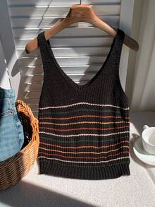 Comfortcana 女式休闲黑色条纹针织上衣，秋季 - 黑色 - 查看 4